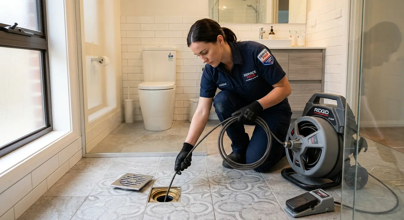 Technician clearing a bathroom floor drain for Drain Cleaning in Flower Mound